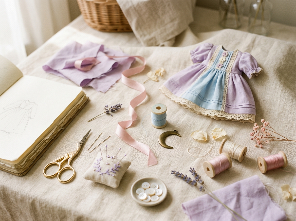 A pastel studio scene with a tiny dress and handmade sewing details