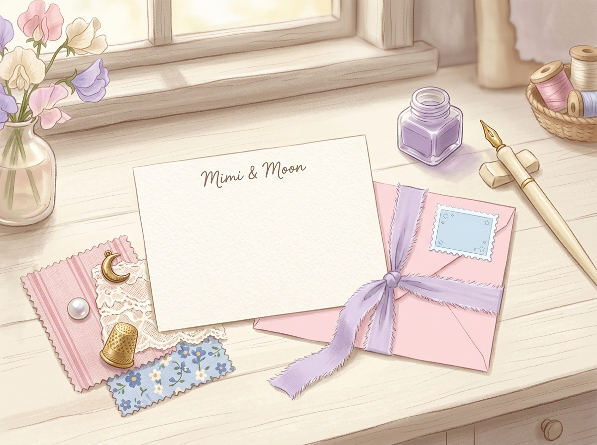 Pastel stationery and sewing details for writing to the studio