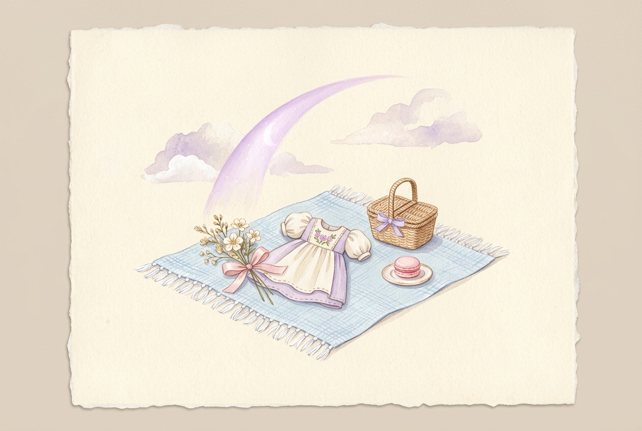 A dreamy pastel outfit story scene